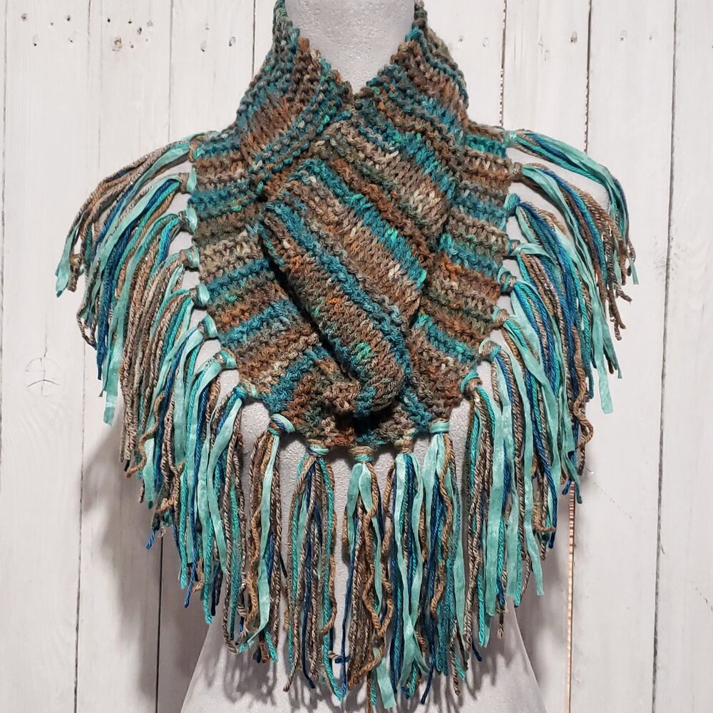Cowl Scarf Fringe Hand Knitted‎ Brown Teal Green Women's Boho Hippie Glam Artsy